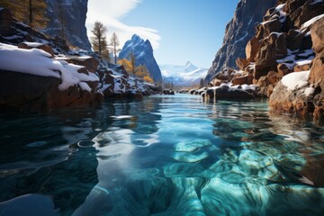a river surrounded by snow covered mountains in the mountains - obrazy, fototapety, plakaty