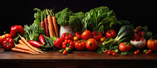 A wooden table adorned with a colorful array of fresh vegetables, showcasing the beauty of natural foods and ingredients used in cuisine and recipes