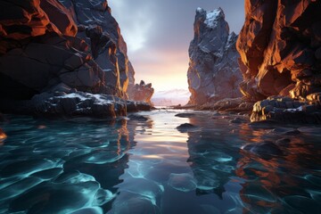 Fluid water flows through canyon at sunset, surrounded by rocky landscape - Powered by Adobe