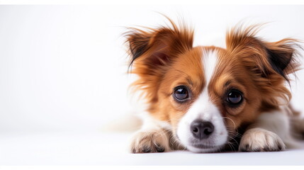 A close-up of the face a baby papillon dog lying prostrate with a looking at the camera in a studio with a white background. Pet advertising concept. Copy space. Generative AI - obrazy, fototapety, plakaty