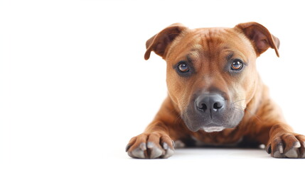 Obraz premium A close-up of the face a brown staffordshire bull terrier dog lying prostrate with a looking at the camera in a studio with a white background. Pet advertising concept. Copy space. Generative AI