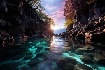 Foto op Plexiglas Reflectie Water reflecting the sunset surrounded by rocks and trees in a natural landscape