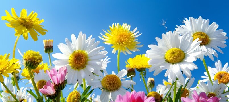 A picturesque meadow with white and pink daisies and yellow dandelions on a sunny day