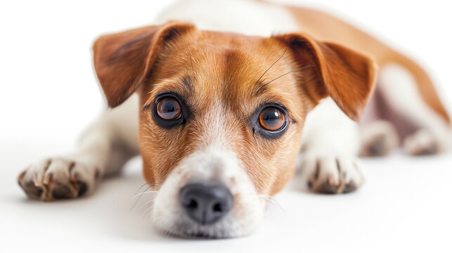 Close-up of the face of a Jack Russell Terrier dog lying down and looking at the camera in a white background studio. Pet advertising concept. Generative AI