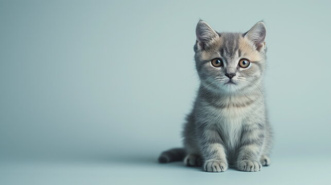 A one small gray kitten is sitting and looking at the camera. Studio background. Pet advertising concept. Copy space. Generative AI