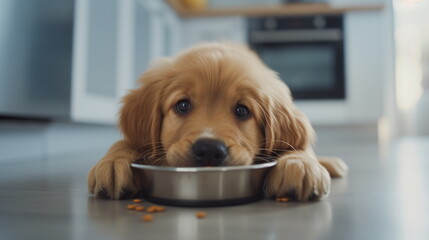 A hungry brown baby Golden Retriever rests his face on a stainless steel food bowl. Pet food advertising concept. Close up. Generative AI