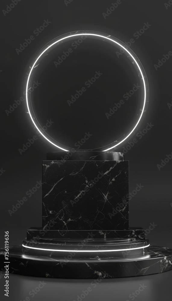Poster dark stone podium background for product display in 3d studio scene with geometric marble showcase.