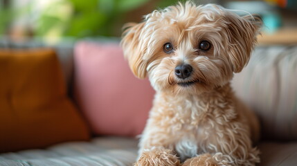 A puppy with curly brown fur sits on the sofa and looks at the camera. Poodle, Maltipoo, Maltese. Pet advertising. Close-up. Generative AI