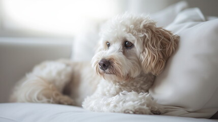 A curly, white-furred puppy lying face down on a white sofa with a sad expression. Poodle, Maltipoo, Goldendoodle. Pet advertising. Close-up. Generative AI