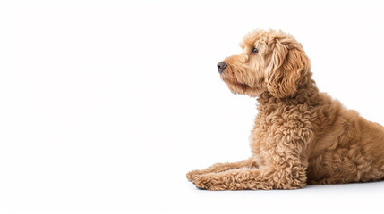 Side close-up of a brown Labradoodle dog sitting in a studio with a white background. Pet advertising concept. Generative AI