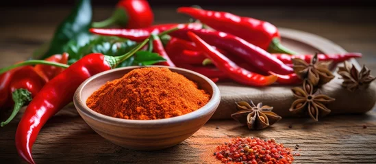 Poster A bowl of chili powder and a bunch of red peppers are displayed on a wooden table, ready to be used as ingredients in a spicy dish © 2rogan