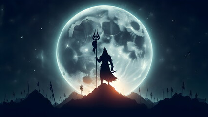 a silhouette of lord shiva with a spear standing in front of a full moon - obrazy, fototapety, plakaty