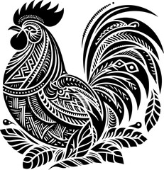chicken, rooster, bird, animal silhouette in ethnic tribal tattoo,

