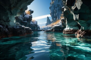 Water flows through a cave with rocks, forming a beautiful natural landscape - obrazy, fototapety, plakaty