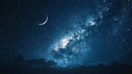 Obraz na płótnie Canvas Tranquil starry night sky with crescent moon, inspirational ramadan reflection and gratitude theme
