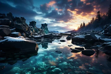 Foto op Canvas A river flowing among rocks and trees under a sunset sky © JackDong