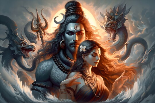 a woman with a head of a demon and a man with a snake, lord shiva