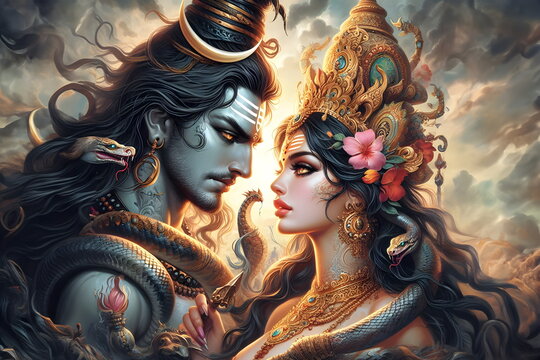 a woman with a head of a demon and a man with a snake, lord shiva