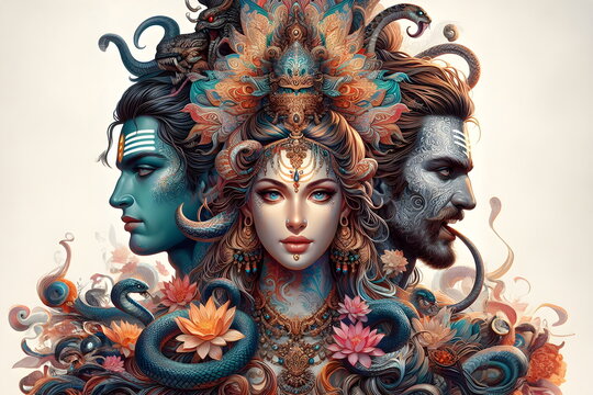 a woman with a head of a demon and a man with a snake, lord shiva