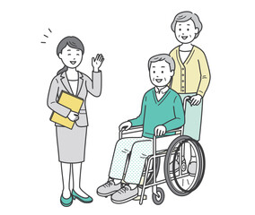 スーツ姿の女性から説明を受ける高齢者男女夫婦イラスト