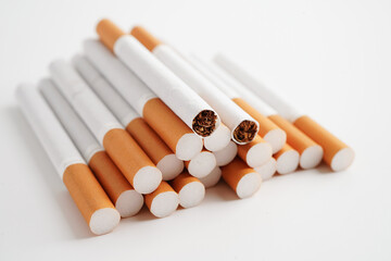 Cigarette, roll tobacco in paper with filter tube, No smoking concept.