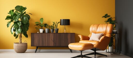 Modern living room with cabinet TV, leather armchair, and plant on yellow wall background