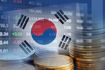 South Korea flag with stock market finance, economy trend graph digital technology.