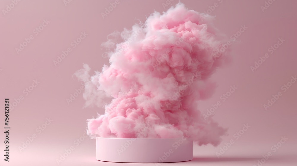 Poster dreamy cloud background podium in red with 3d product display platform render for abstract stage