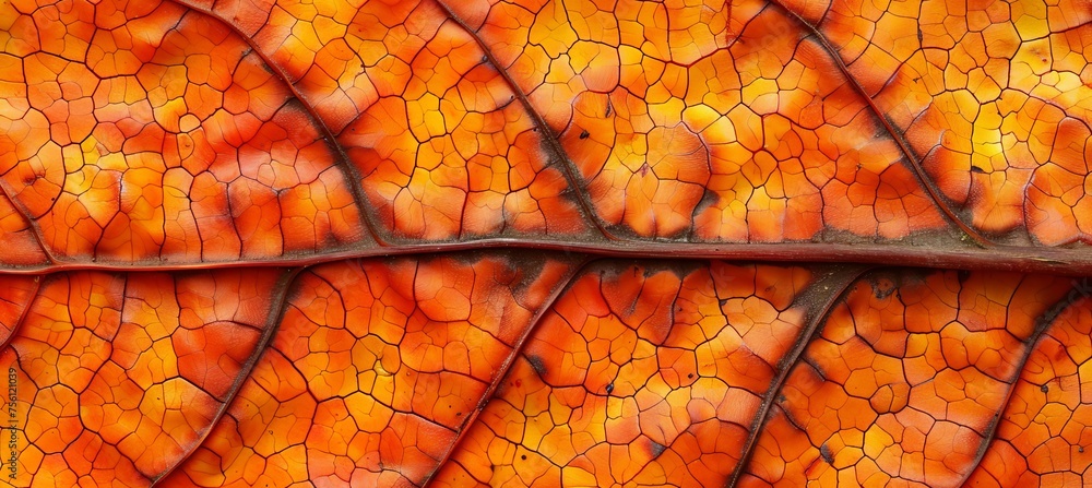 Poster detailed macro shot of orange leaf skeleton texture background for natural patterns and textures