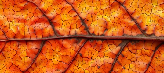 Detailed macro shot of orange leaf skeleton texture background for natural patterns and textures