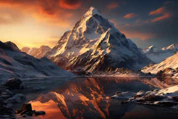 Papier Peint photo autocollant Réflexion Snowy mountain reflected in lake at sunset, creating stunning natural landscape