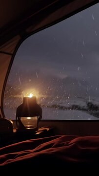 Pitching a tent in the mountains at night and listening to the rain fall. The lantern in your tent glows softly as you watch the rain fall on the mountain landscape from the cozy comfort of tent.