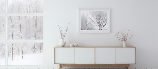 Scandinavian room interior with dresser and white landscape in windows