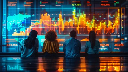 Risk management professionals analyzing data, vibrant dashboard displays, critical decision-making atmosphere