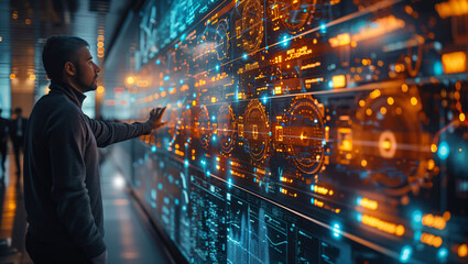 Intense compliance training session in a corporate setting, focused professionals, interactive digital interface