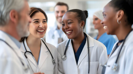 A group of four doctors in white coats and stethoscopes are talking and laughing together. Black, Asian and white doctors are enjoying themselves with each other on a blurred hospital background. - obrazy, fototapety, plakaty