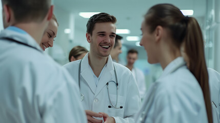 A group of four doctors in white coats and stethoscopes are talking and laughing together. White...