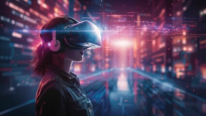Digital transformation journey, business professionals navigating through virtual reality landscape, futuristic