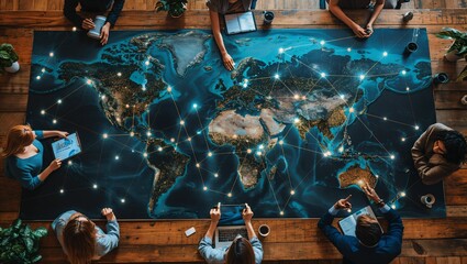 Outsourcing strategy meeting, global map with connection lines, team discussing partnerships