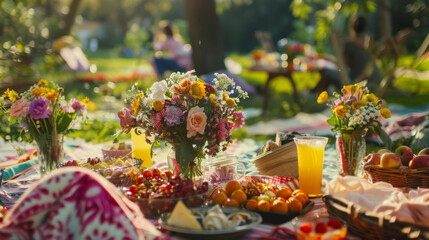 At the local park families are enjoying a picnic together surrounded by colorful blankets flower bouquets and delicious homemade dishes. Laughter and love fill the air as