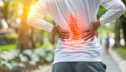 Man with back pain after exercise in park, muscle injurytext space for placement