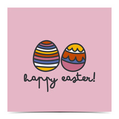 Happy Easter greeting card, cover, poster, label, flyer, banner with colorful eggs on the pink background