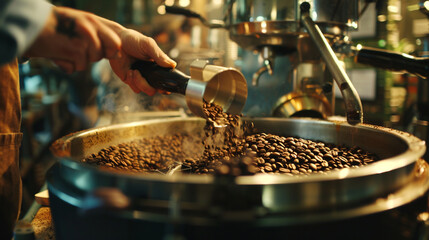 A artisanal coffee roastery with baristas carefully roasting and blending coffee beans photography,...