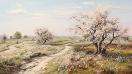 Fototapeta na wymiar an oil painting of a spring landscape, in the style of the 19th century