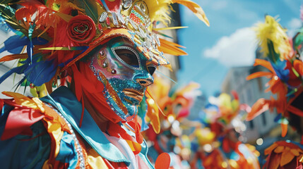 A energetic and colorful carnival parade with performers in elaborate costumes and masks, close up of a mask, close up of a traditional thai temple