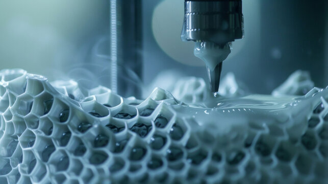 A detailed shot of a 3D printer nozzle depositing layers of programmable matter depicting the manufacturing process of these innovative materials.