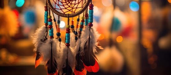 Handcrafted Dream Catcher with Feathers, Threads, and Beads. - obrazy, fototapety, plakaty