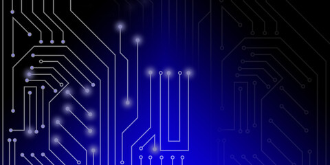 Technology style concept. Circuit board on dark blue gradient background. Electrical connection system, electronic circuit, black line style. copy space or empty