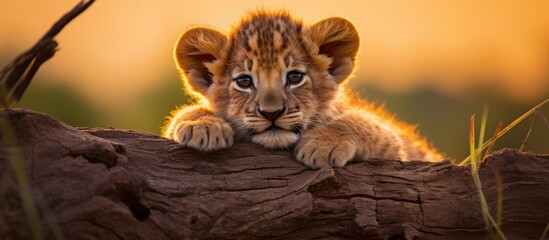 A Felidae organism, carnivorous by nature, a lion cub with whiskers is perched on a log in the...