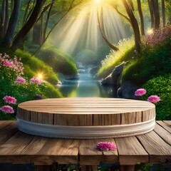 wooden plank product white 3d spring table beauty stand display nature white. Garden summer background podium, fountain in the park